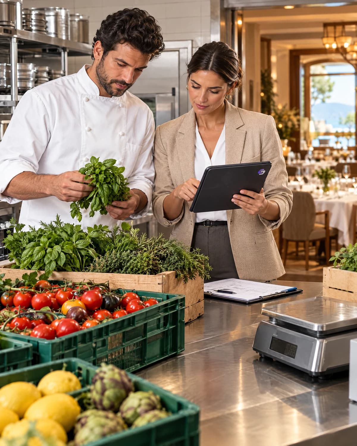 Hotel chef and procurement manager checking fresh ingredient deliveries in a professional kitchen