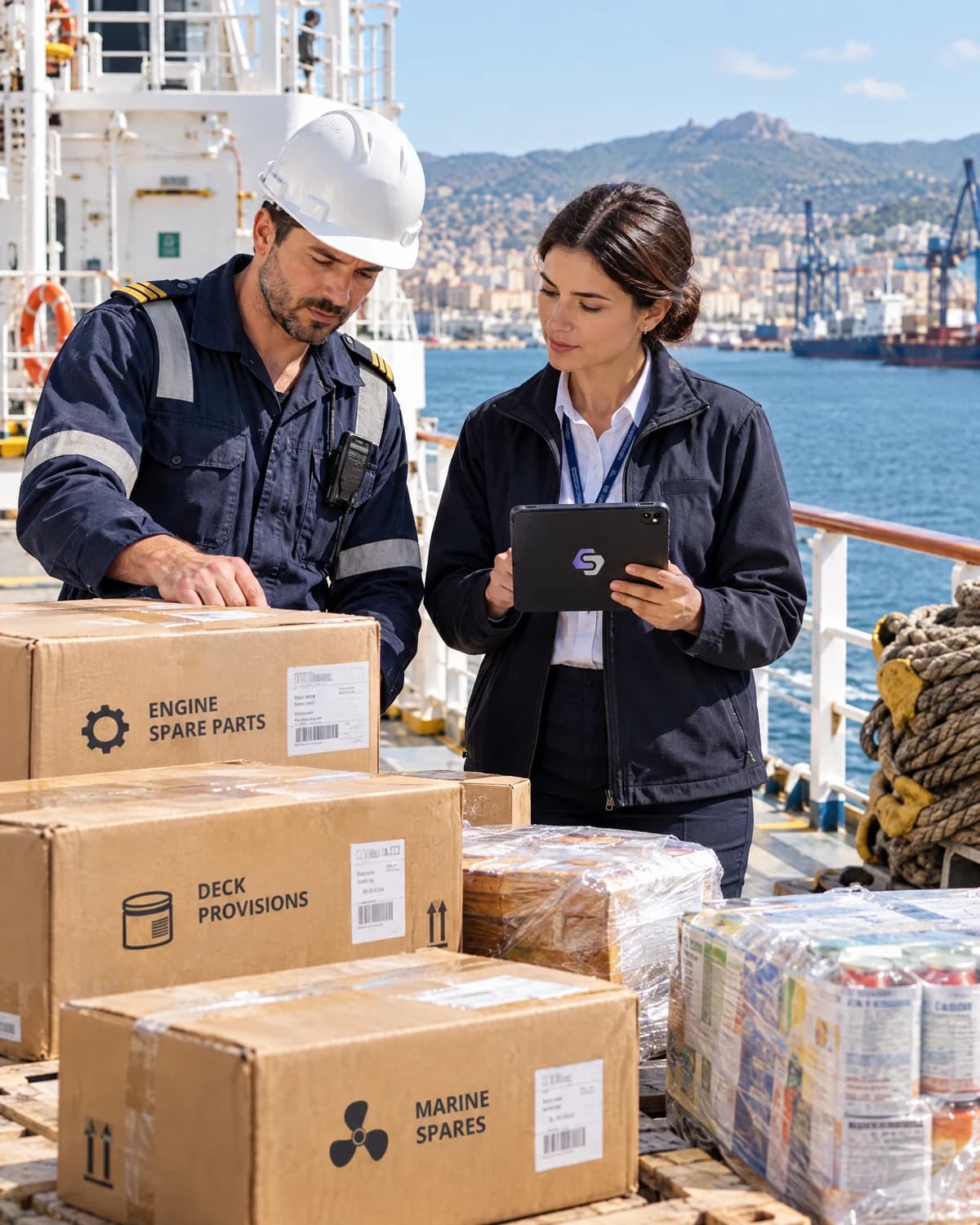 Deck officer and logistics coordinator checking provisions and spare parts at a commercial port