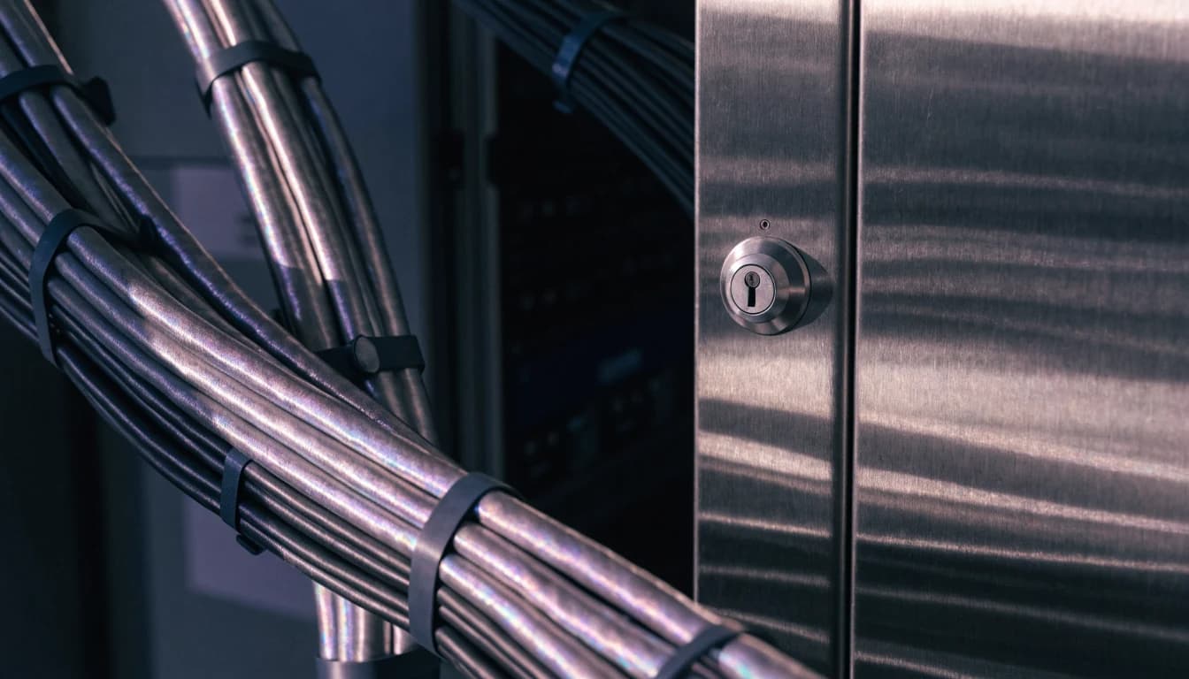 Locked server cabinet and network cables