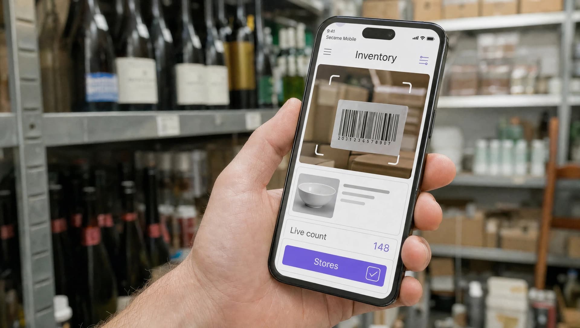 Warehouse worker using a mobile device near stock shelving