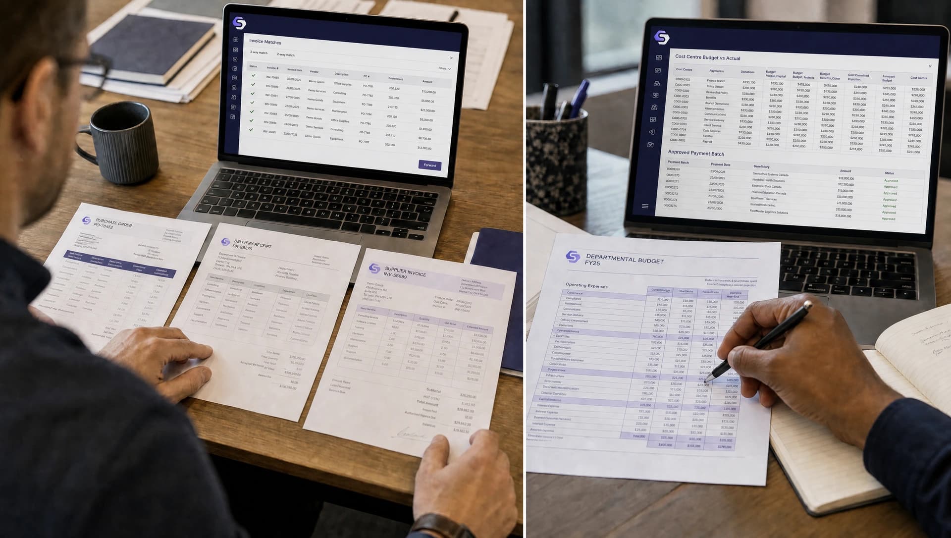 Three-way invoice reconciliation alongside departmental budget and payment review