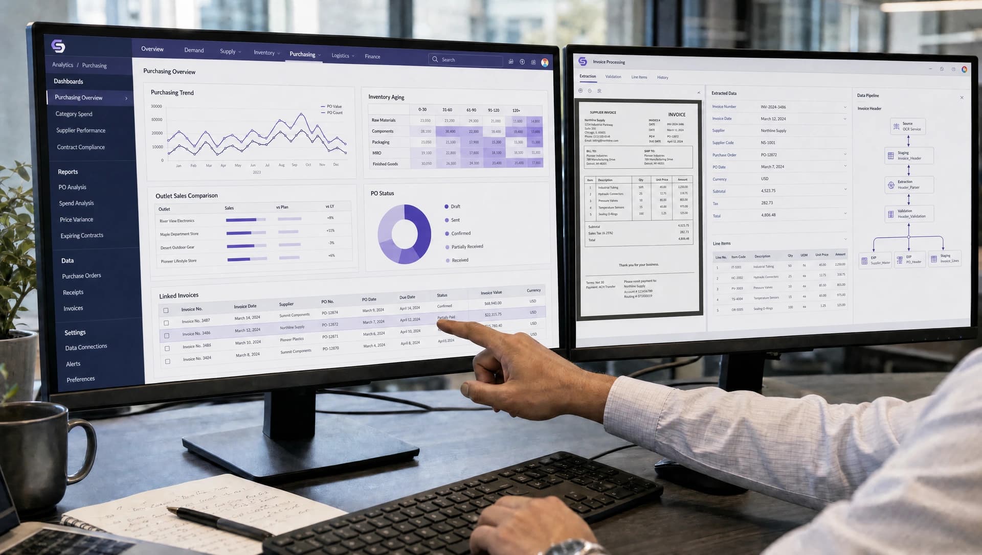 Linked purchasing analytics and invoice document processing on two monitors
