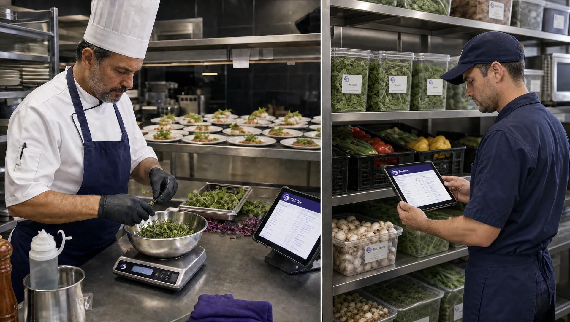 Chef weighing recipe ingredients alongside a hospitality stockroom manager checking replenishment