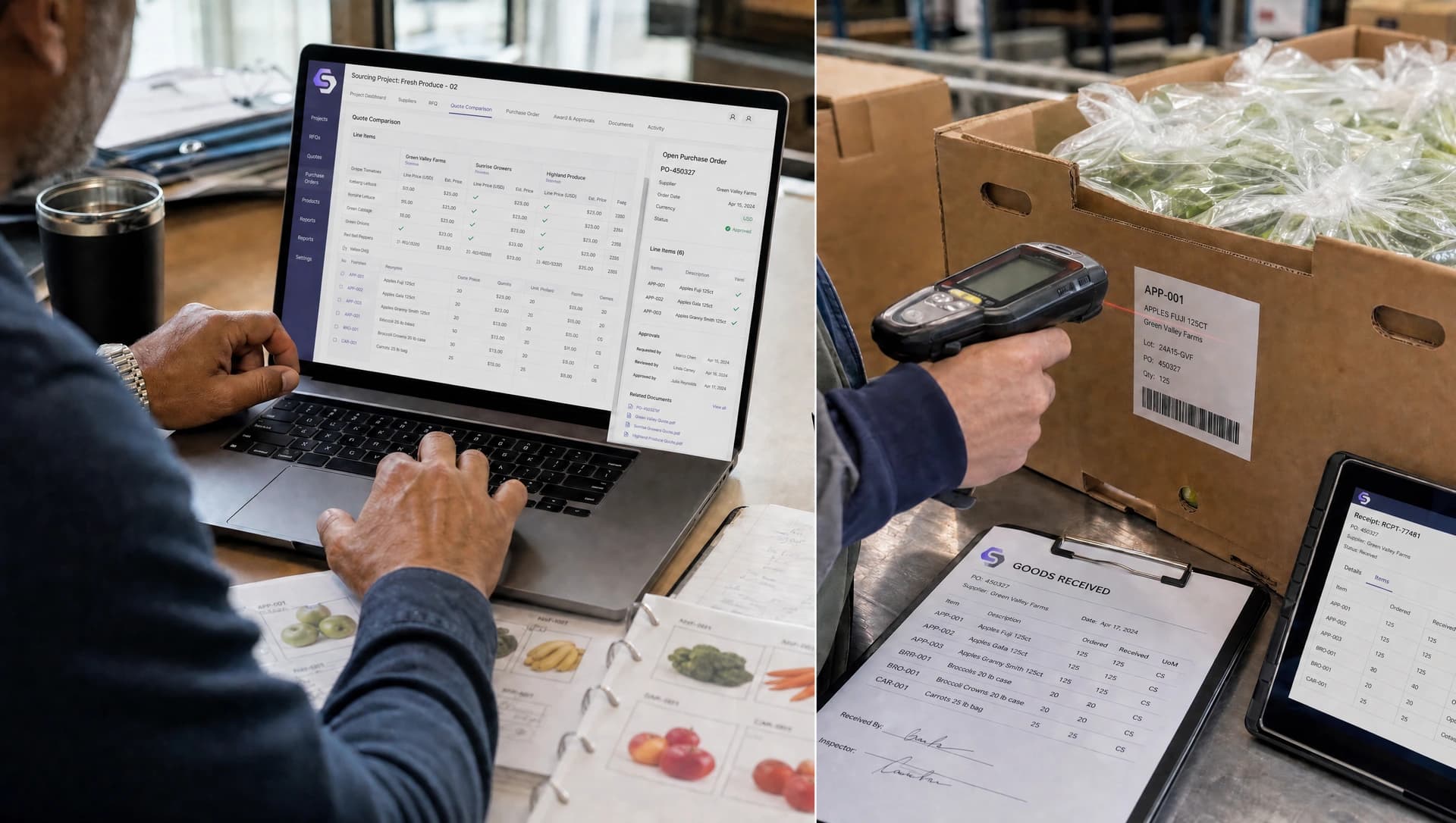 Supplier quotation comparison and barcode receiving with a goods-received record