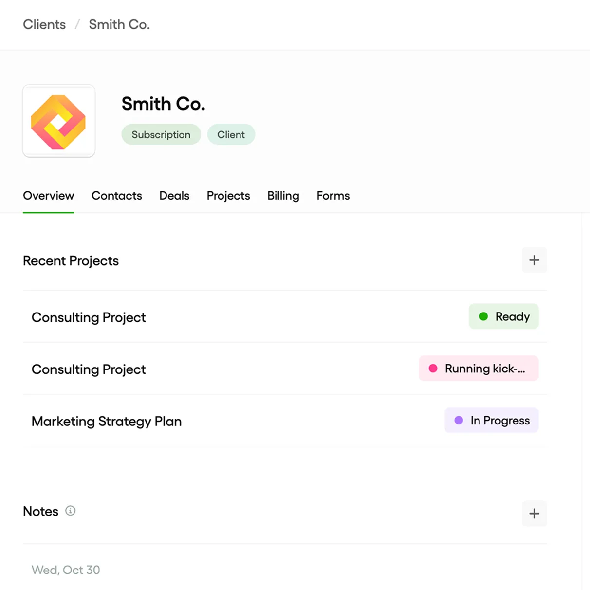 Client and property profile view with linked details and activity