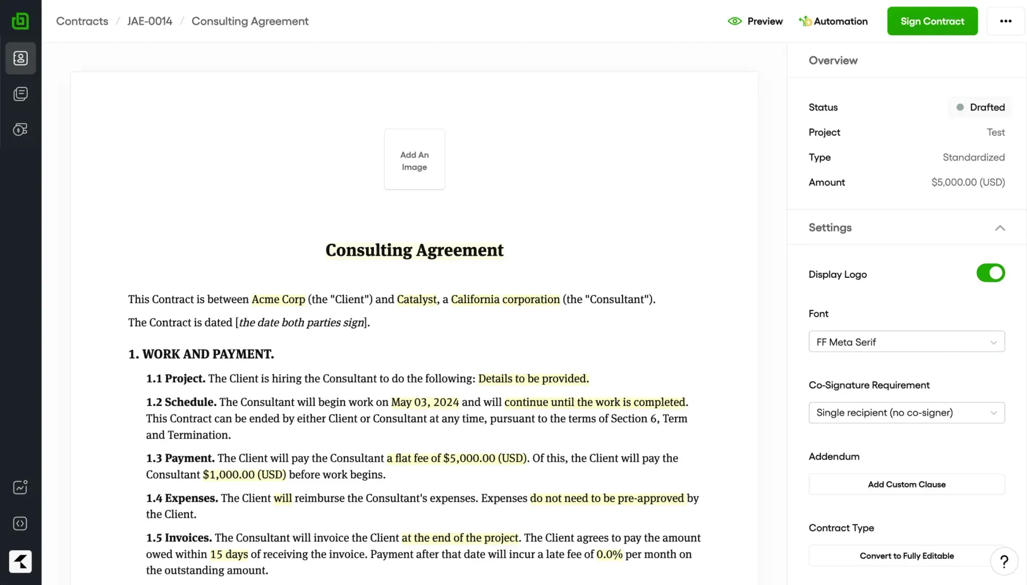 Contract workspace showing status, settings, and signature flow