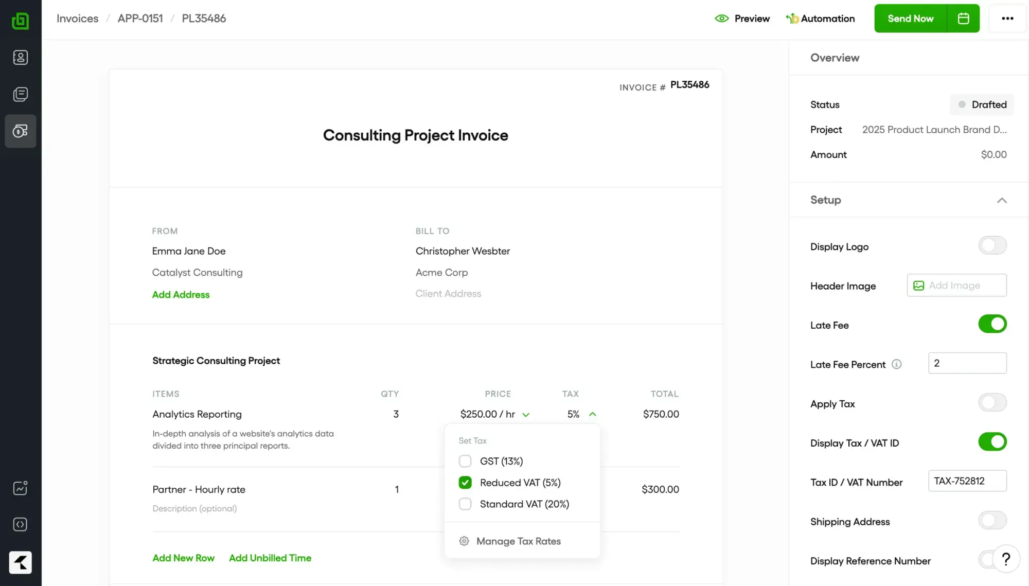 Invoice screen with setup controls, tax settings, and billing details